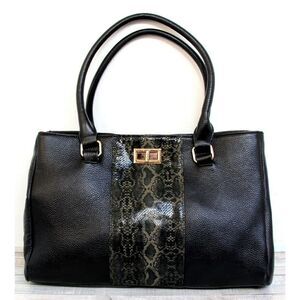 LRG ERICA ANENBERG BLACK GENUINE LEATHER TURN LOCK SATCHEL SHOULDER BAG HANDBAG